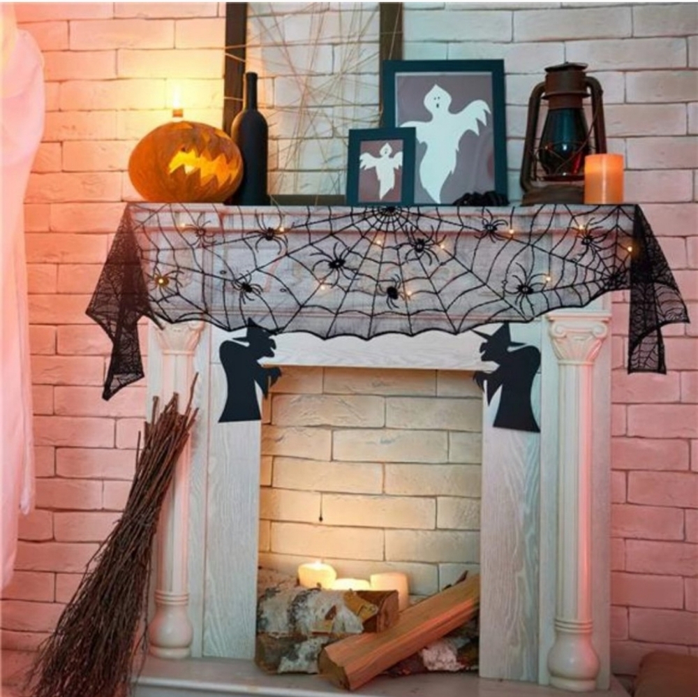 Black lace light up spider web mantel scarf 96" - Picture 7 of 11